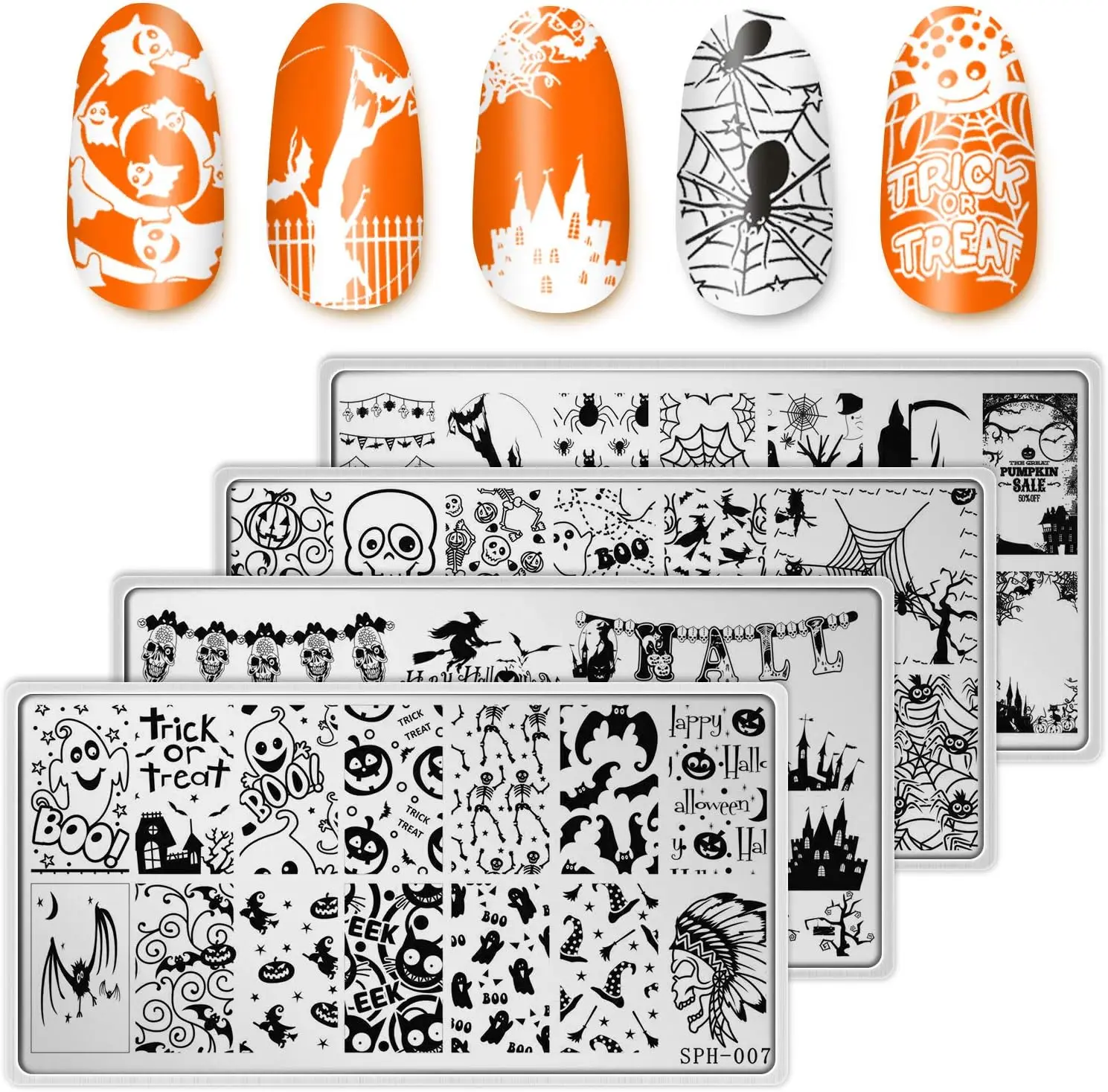 

Halloween Nail Art Plates Set with Pad - 4 Stainless Steel Stamping Templates for DIY Nail Design