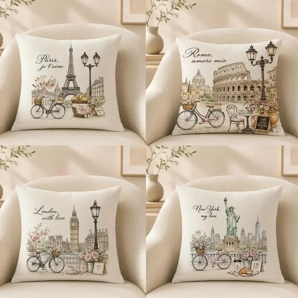 Travel F-Famous Scenic Spots Eiffel Tower Statue of Liberty Cushion Cover Short‑plush Cushion Cover,Breathable,Skin‑friendly