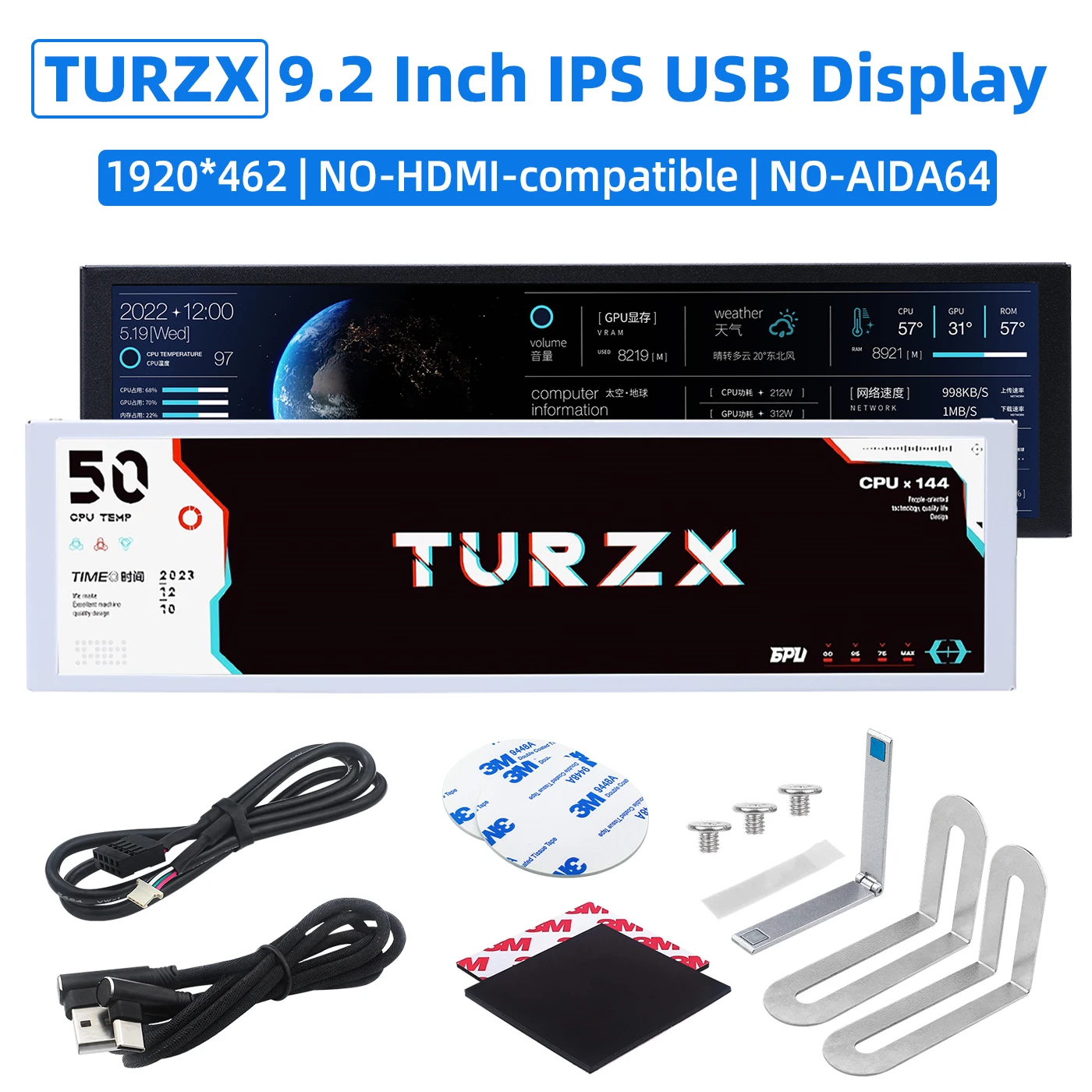 

TURZX 9.2 Inch IPS USB Screen 1920x462 LCD for Computer CPU GPU RAM HDD Weather Monitor USB Display for PC Win7//10/11 No AIDA64