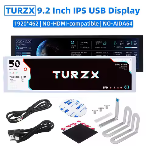 TURZX 9.2 Inch IPS USB Screen 1920x462 LCD for Computer CPU GPU RAM HDD Weather Monitor USB Display for PC Win7//10/11 No AIDA64