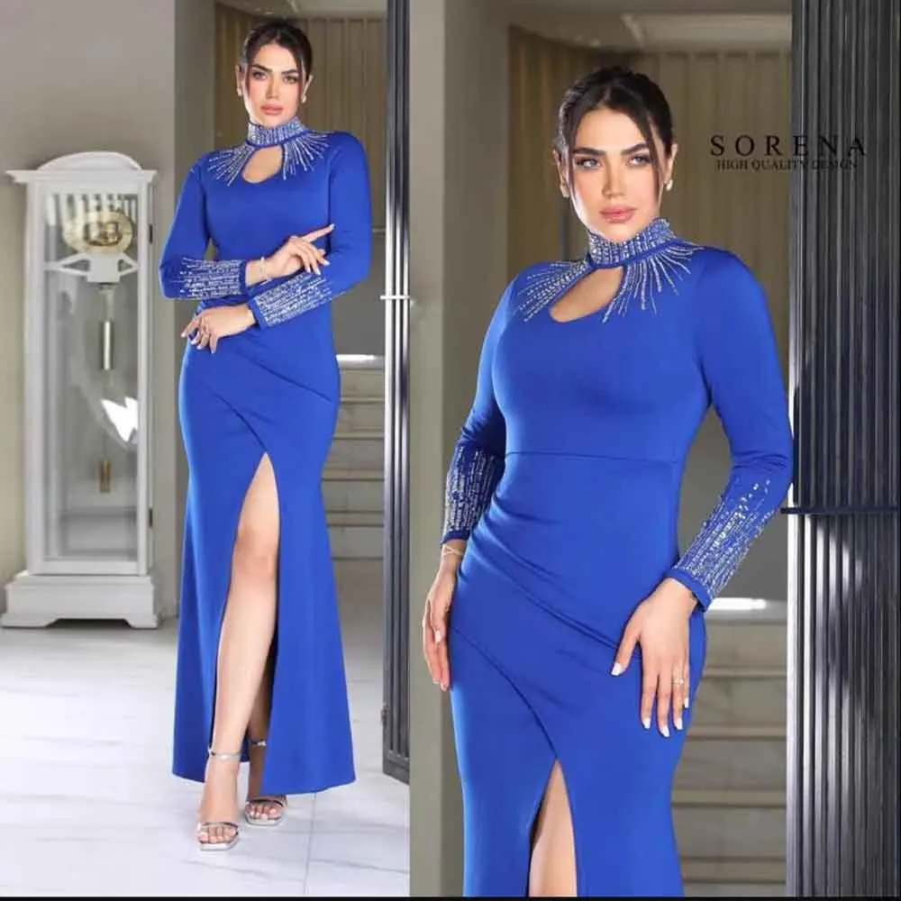 تخصيص الديكور Bodycon مساء اللباس ثقب المفتاح الرقبة طويلة الأكمام ثوب مسائي الجانب سبليت pla enteееееееее