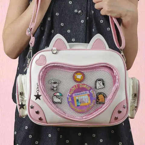 Kawaii Cat Ear Ita Bag 3-Way Convertible Backpack Crossbody Transparent Window Mesh Insert Enamel Pins Badge Display