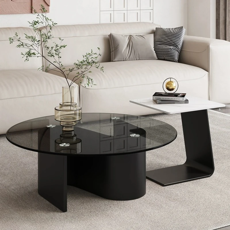 

！@Modern Round Tempered Glass Coffee Table Durable Iron Metal Decorative Furniture for Living Room Dining Bedroom Hotel
