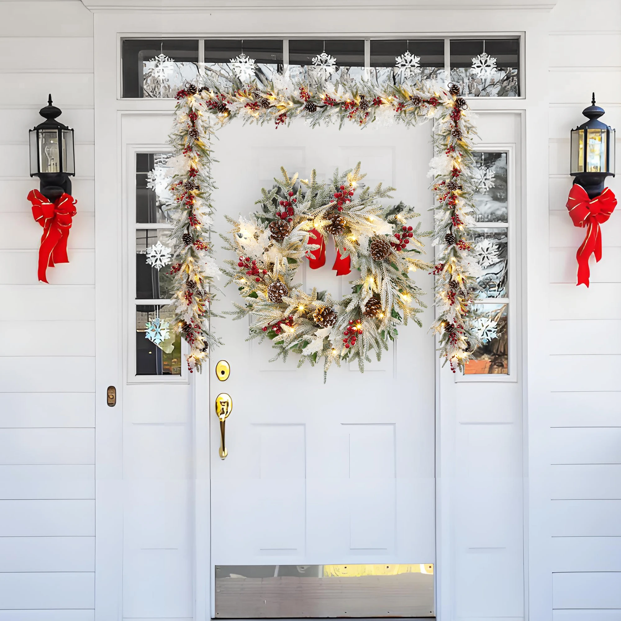 6ft Pre-Lit Christmas Garland - 20 LED Lights, 8 Modes - Real Touch Frosted Pine Greenery with Pine Cones, Red Berries & White Leaves for Mantel, Fireplace, Stairs, Porch Decor - view 5