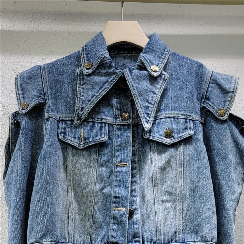 Trendy New Women's Off-shoulder Jeans Jacket Design Denim Coat Autumn Fashion Double Lapel Long Sleeves Jacket Female Streetwear