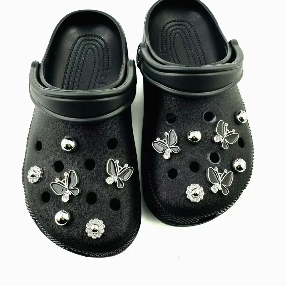 13Pcs Shoe Charms Set Black Butterfly Diamond Flower Silver Bead Shoe Decorations Buckle for Sandals Clogs DIY Accessories Gifts
