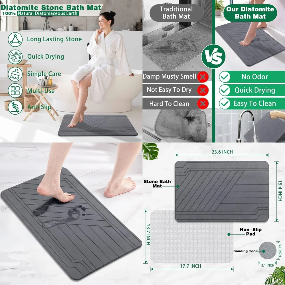 

Diatomaceous Earth Bath Mat Stone Super Absorbent Quick Dry Non Slip for Bathroom Shower Kitchen Floor Home Decor