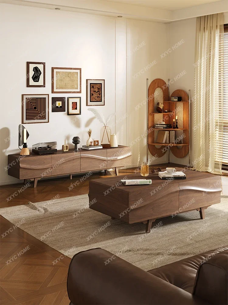 Solid wood coffee table walnut color multi-storage tea table household living room