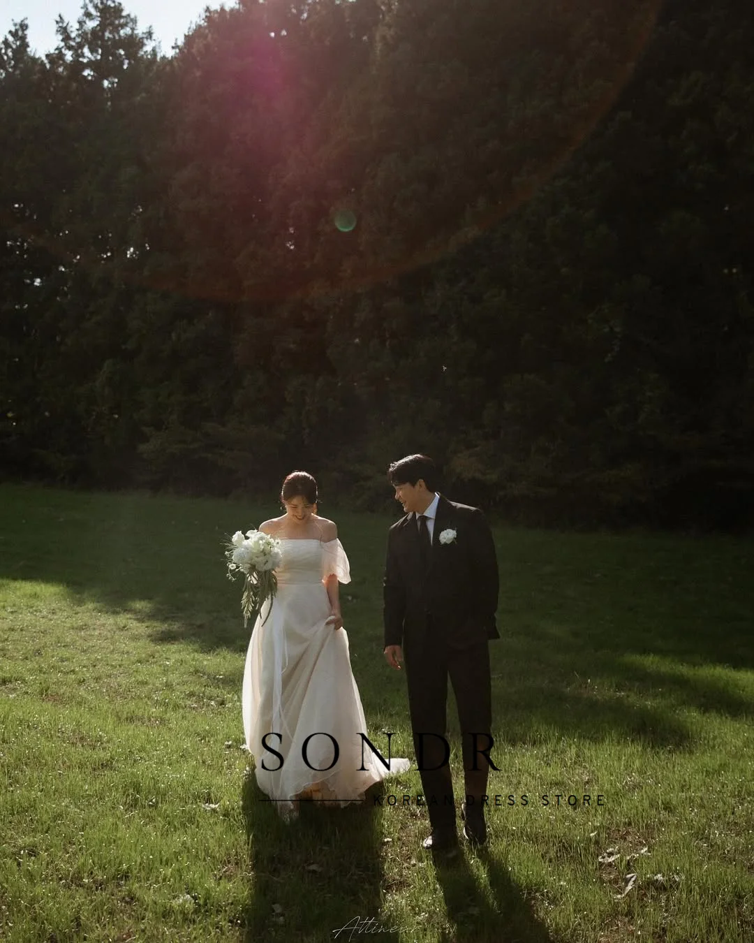 Sondr قبالة الكتف الحرير الأورجانزا فساتين الزفاف الكورية في الهواء الطلق صورة تبادل لاطلاق النار فساتين الزفاف المفاجئة ثوب مخصص