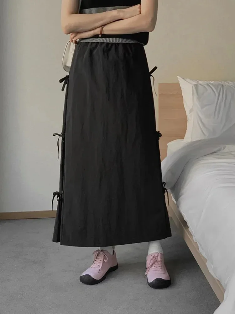 

Summer Retro Fashion Casual Street Wear Women Versatile Split Long Skirt Korean Women's Classic Chic Design Bow Tied Half Skirt