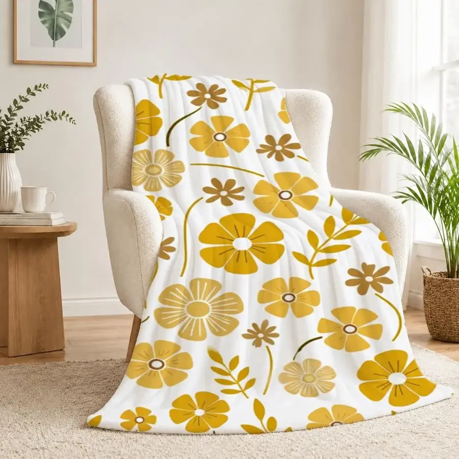 Elegant Yellow Floral Flannel Throw Blanket - Soft & Warm Repeating Botanical Pattern on White, Ideal for Couch, Bed
