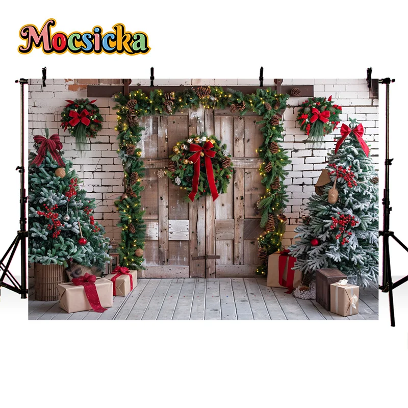 Mocsicka Winter Photography Background Christmas New Year Party Xmas Wreath Socks Red Closet Backdrop Kid Portrait Photo Banner