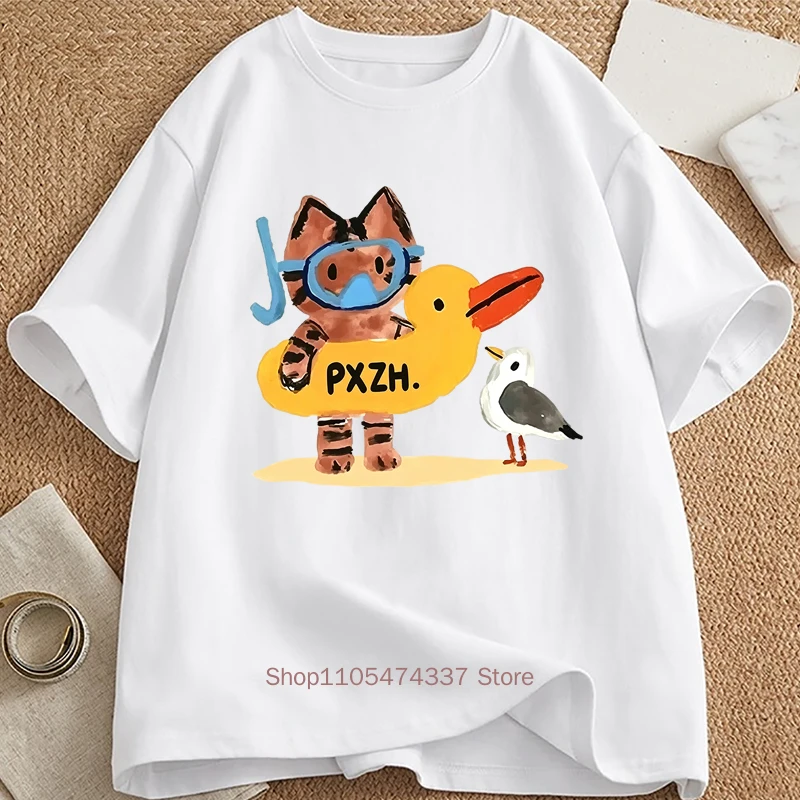 Funny Cute Cat Bird T-Shirt for Women Summer Casual Fashion Kawaii Korean Style Tops Comfort Crew Neck Short Sleeve Tees