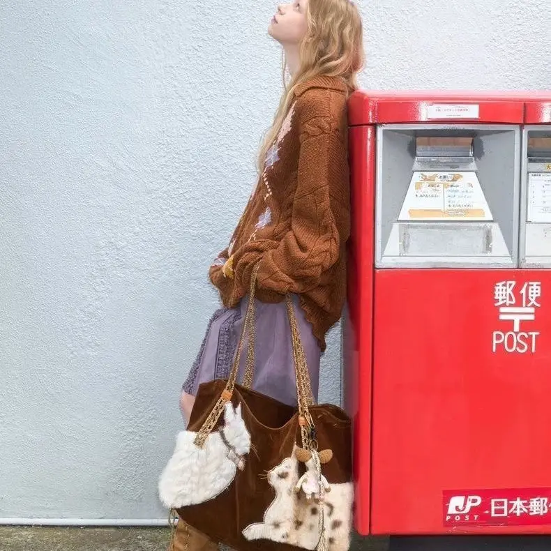 Cute Retro Puppy Tote Bag Women Leather Texture plush Large Capacity Shoulder Bag Ladies Fashion Casual Versatile Crossbody Bags