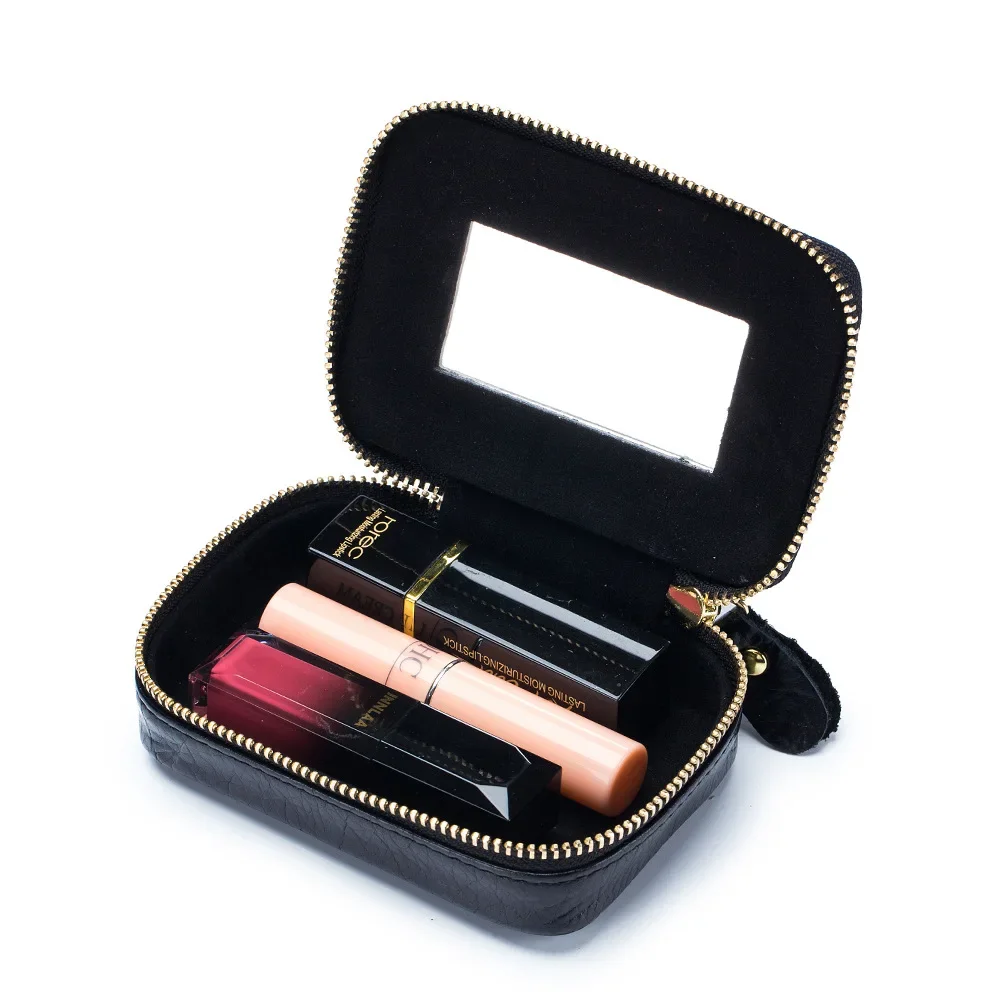 Mini Leather Lipstick Envelope Cowhide Cosmetic Bag With Mirror Data Cable Headphone Bag Women's Jewelry Box Coin Bag Hand Hold