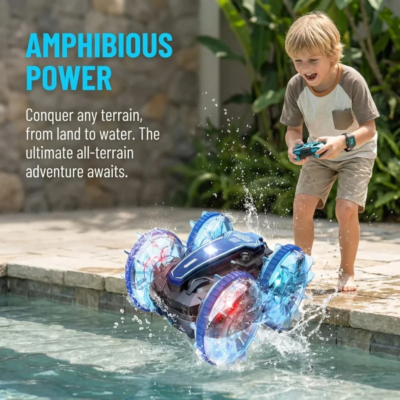 New LED Amphibious RC car Dual remote control waterproof stunt car double side flip drift drive 360 ° rotation rc cars Kids toy