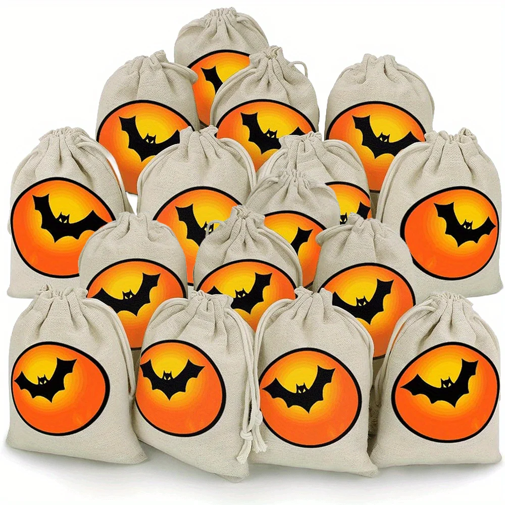 1/2/3pcs Bat Halloween Gift Bags Double Jute Drawstrings Burlap Bags Treat Bags Halloween Pouch Halloween Party Supplies
