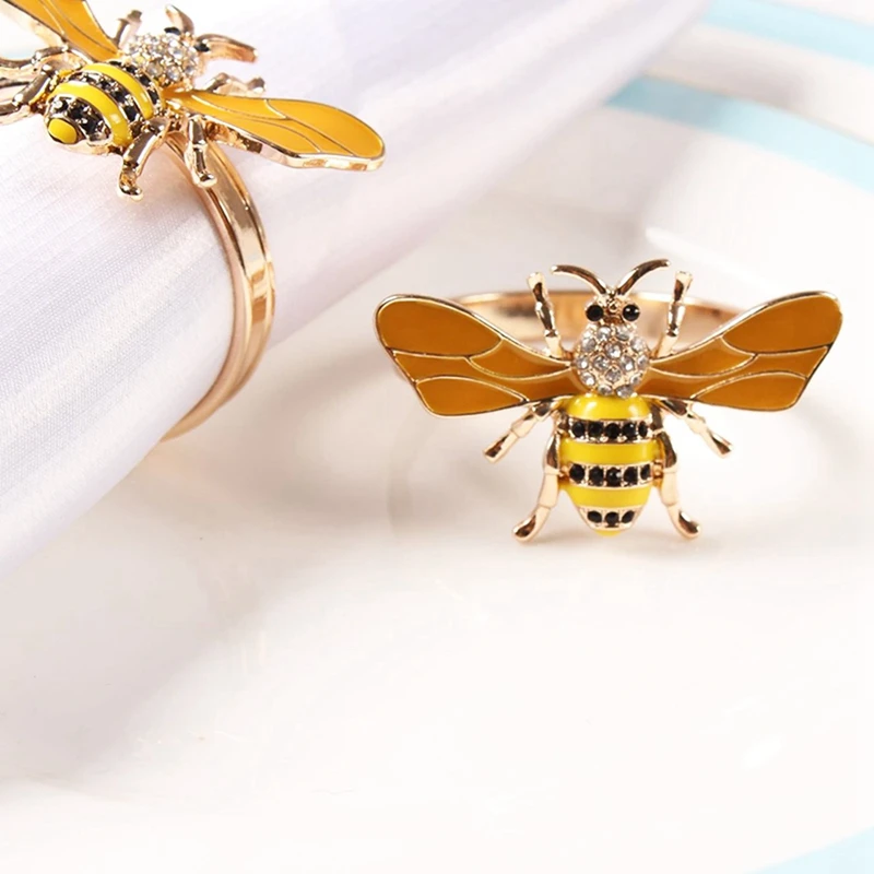 M04K 24PCS Yellow Bee Design Metal Napkin Ring Towel Buckle Bee Napkin Holder Wedding Party Holiday Hotel Table Decoration