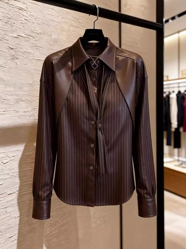 

Весна 2026: Женская шикарная приталенная свободная блузка из кожи с пэчворком, модный винтажный топ с длинным рукавом и воротником