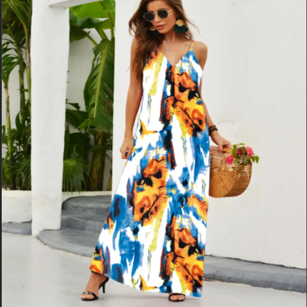 Dress Summer Sleeveless Fashion High Waist Suspenders Printed Beach Dress Deep V Women's Camis Long Vacation Dress