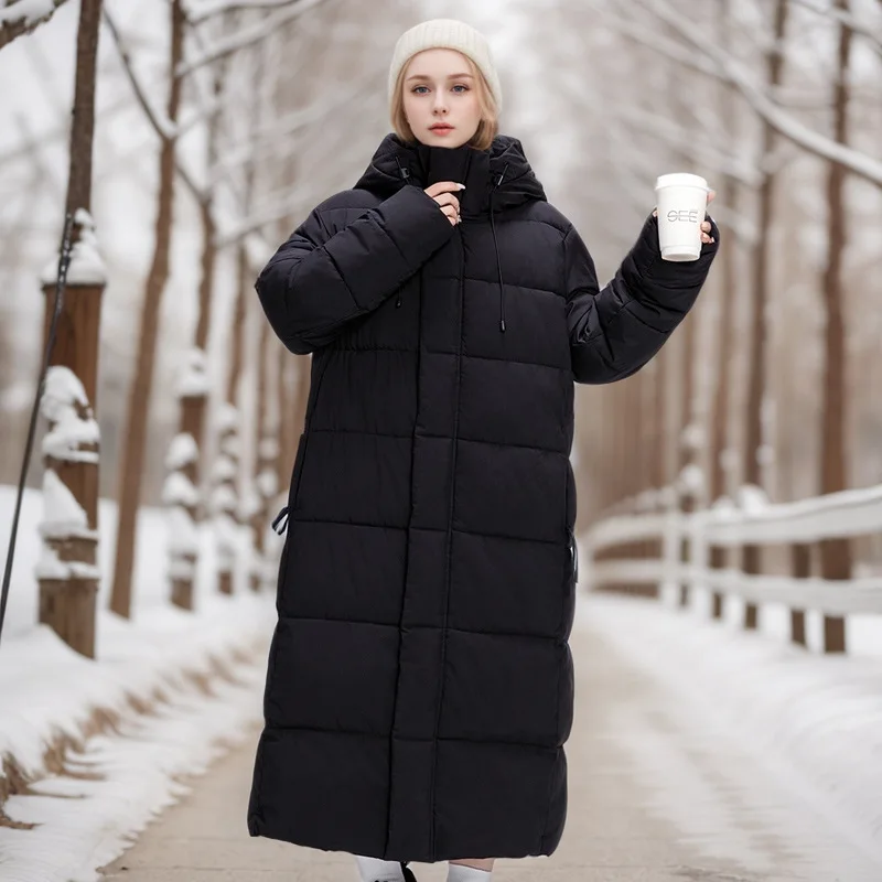 

Female's Winter Parka Jacket Solid Single Breasted Windproof Hooded Pockets Lady's Quilted Jacket Long Minimalist Top For Women