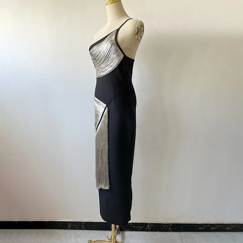 Sexy Chic Slanted Collar Silver Tassel Bandage Dress Sleeveless High Waist Bodycon Long Dresses Nightclub Party Celebrate Outfit