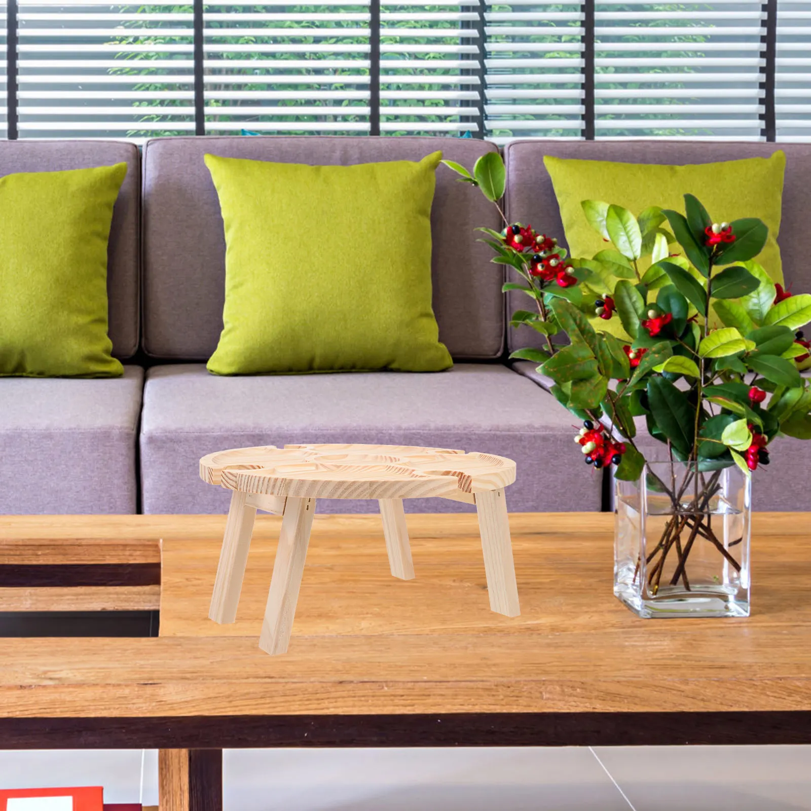 

Portable Picnic Wood Snack Tray Round Desk Home Glass Practical Kitchen Round Serving Desk Compact Outdoor