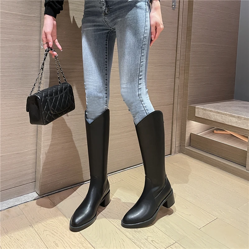 Meotina Women Genuine Leather Knee High Western Boots Round Toe Thick High Heel Zipper Ladies Long Boot Autumn Winter Shoes 40