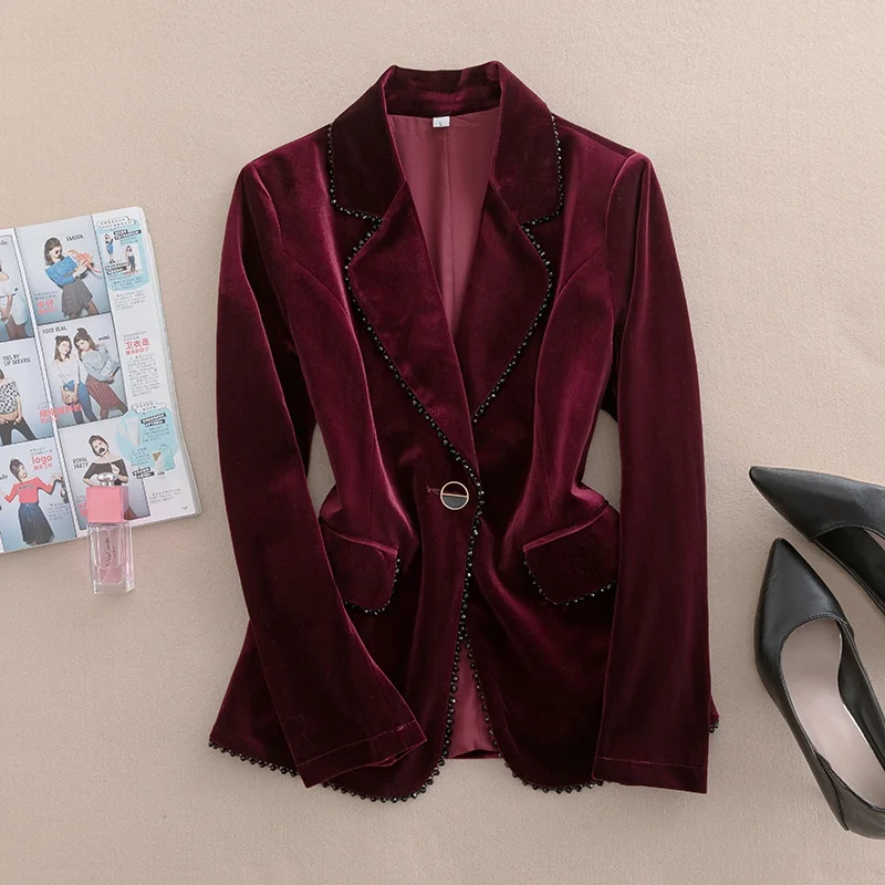 Traje de Terciopelo de Alta Gama para Mujer, Conjunto de Dos Piezas Estilo Francés para Primavera y Otoño, Talla Grande, Chaqueta Profesional