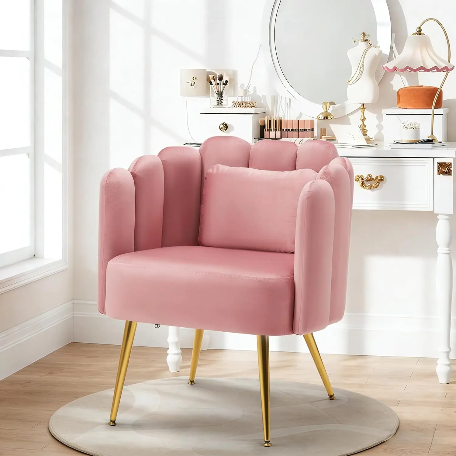 Vanity Chair with Back,Velvet Accent Chairs,Petal Backrest Decorative Chair,Removable Pillow & Gold Legs - Plush Lounge Chair