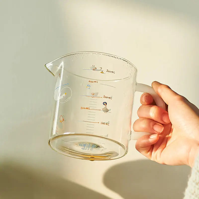Glass Measuring Cup with Scale Handle Cartoon Sticker High Temperature Resistant Microwave Transparent Cup Milk Coffee Cups