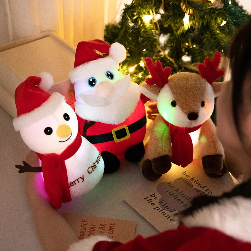 Christmas Shiny Music Plush Toy Luminous Pillow Soft Stuffed Plush Dolls Led Light Toys Elk Snow Man Santa Claus Dolls For Gift