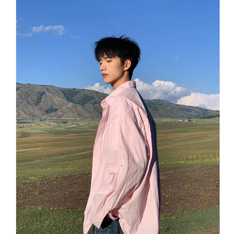

Pink Boyfriend Sle Long Sve irt Men Summer Youth Faion Sun Protection High End Feeling Haome Early Autumn Jaet