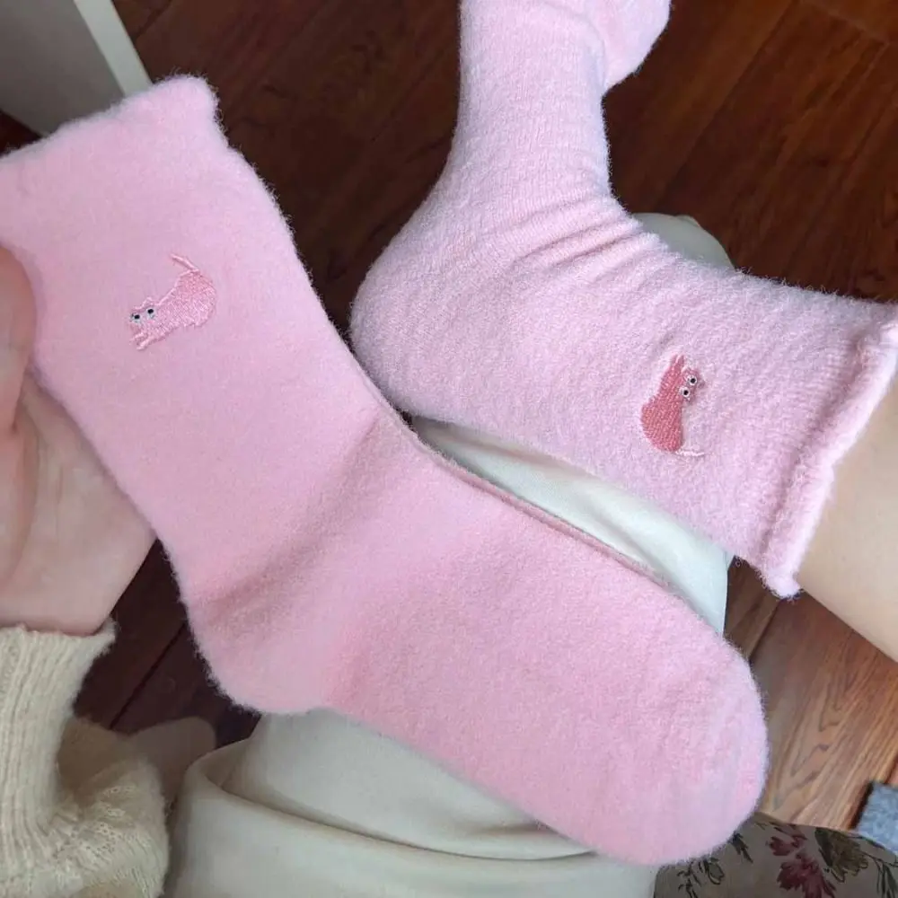 Solid Color Cute Cat Mink Fleece Socks Winter Warm Cashmere Socks Super Soft Velvet Coral Socks Women