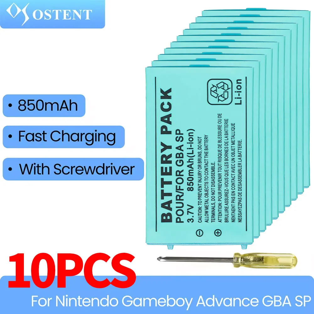 OSTENT-Paquete de batería recargable con destornillador para Nintendo Gameboy Advance, repuesto de batería GBA SP, 10 piezas, 3,7 V, 850mAh