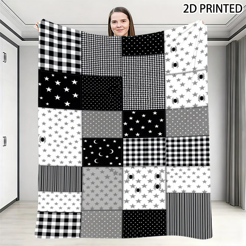 Black White Gray Patchwork Halloween Throw Blanket with Checkered Houndstooth Polka Dots Star Spider Moon Striped Patterns, Cozy