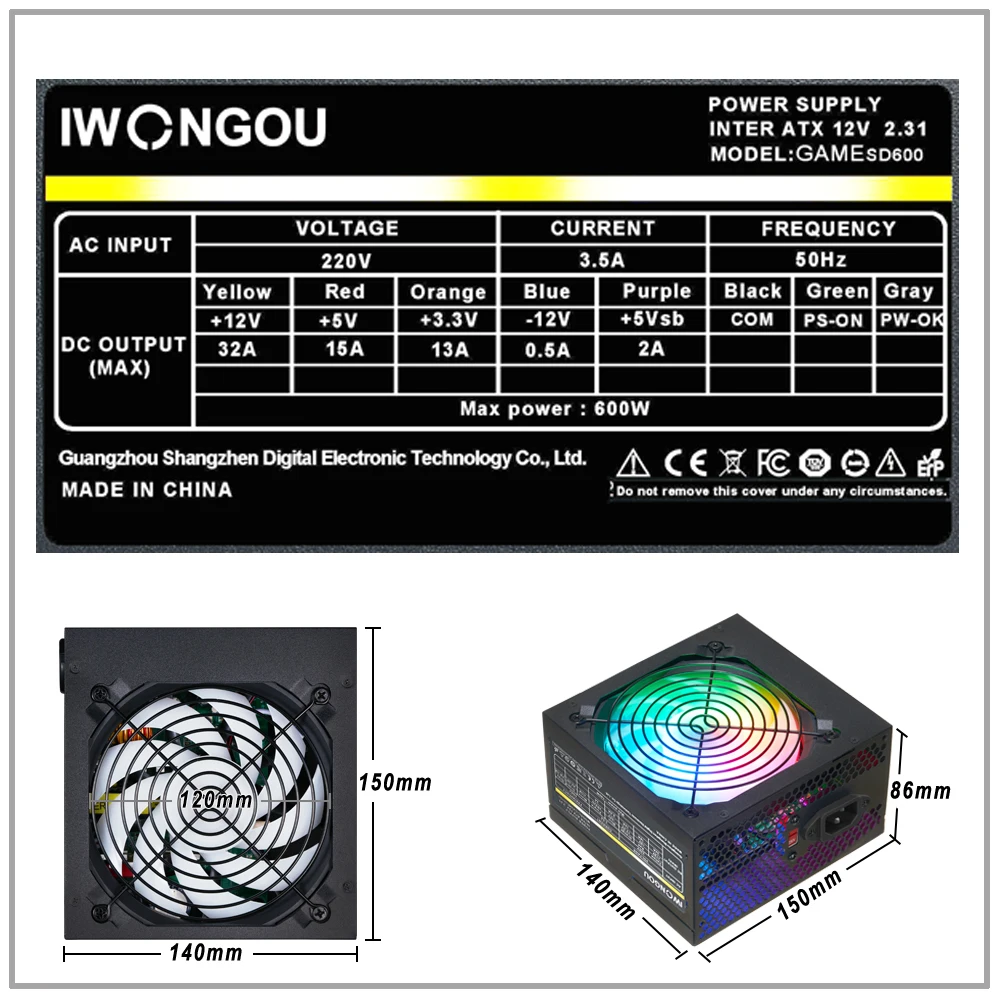 IWONGOU-مزود طاقة للكمبيوتر الشخصي للألعاب المكتبية ، GAMESD600 PSU ، من من 24Pin كحد أقصى ، 12V Atx Fonte ، W Max ، خط الكمبيوتر