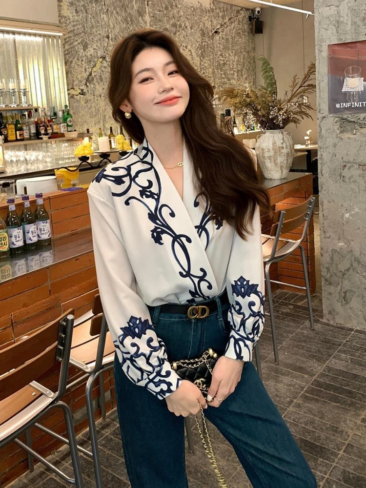 Horse Print Black White Women Shirt Contrasting Color Trendy Ribbon Shirt  Autumn Long-sleeved Tops Long Sleeve Blouses Shirts