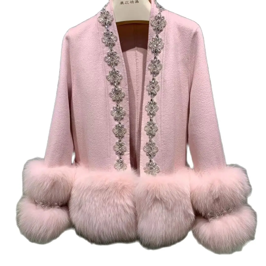 

New ladies Real Fox Fur Coat Europe and America women's Autumn and Winter handmade crystal beaded jackets