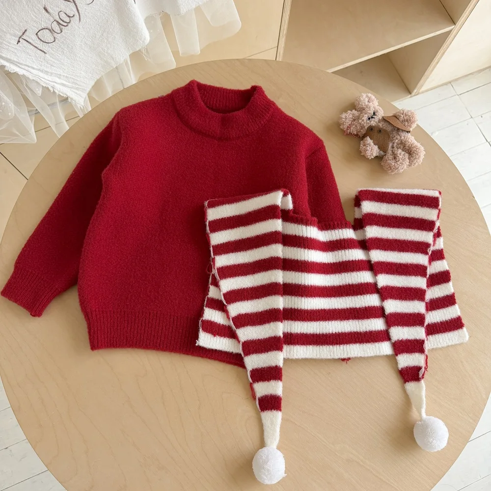 2026 Playful Detachable Stripe Collar Festive Cozy Sweaters for Girls Sweet Fluffy Pom-poms Children Party Knit Clothes JY10041