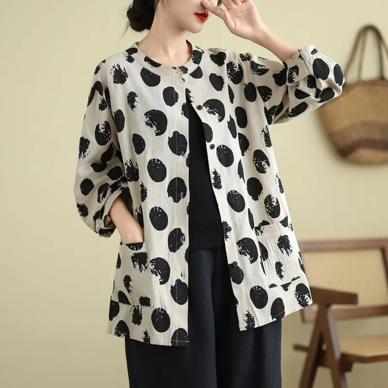 Vintage Sping Autumn New Women Clothing O-Neck Polka Dot Single Breasted Temperament Fashion Loose Long Sleeve Loog Shirts Tops