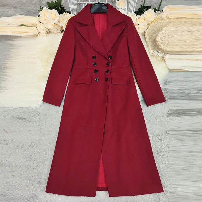 패션 라펠 긴소매 트렌치코트, 고급스러운 솔리드 컬러 포켓 더블 브레스티드 코트, 여성 우아한 출퇴근 슬림 아우터웨어