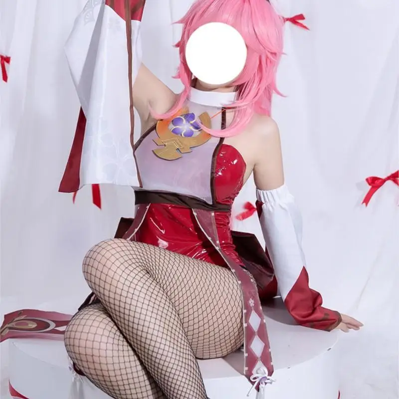 Yae Miko Bunny Girl Cosplay Costume parrucca tuta Guuji Yae Bikini rosa capelli papillon orecchie collana Fishnets gioco Genshin Impact