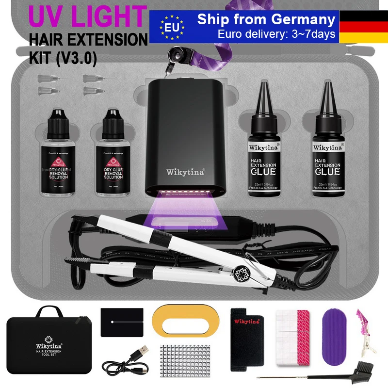 Wikytina 2025 UV V Light Hair Extension Tool Set Hair Extension Tools Kit UV Extension Glue Extension Machine Remover Iron