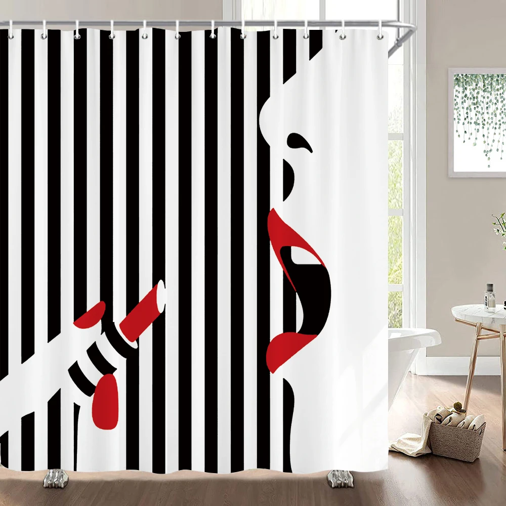 

3D Sexy Red lips Shower Curtain Polyester Waterproof Bathroom Curtain Black White Stripe Geometric Home Decor Curtain With Hook