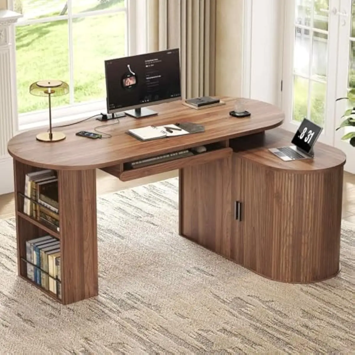 Rotating Modern Desk 60 Inch Walnut Wood Top with Built-In Power Outlet Keyboard Tray and Side Bookshelf Cabinet for Executive H