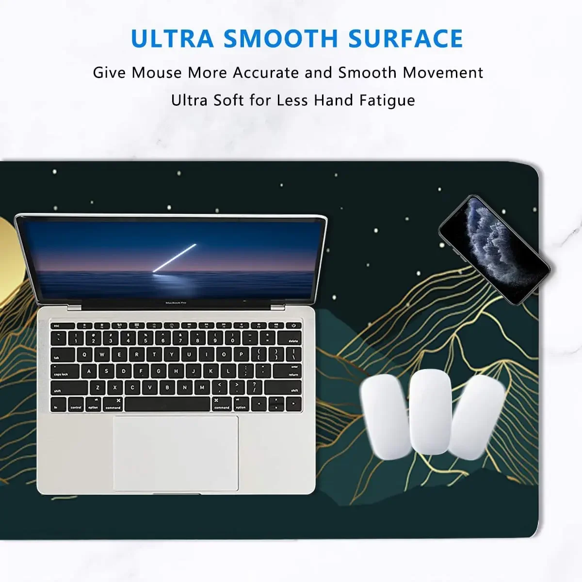 لوحة ماوس كبيرة Golden Mountain Line Arts كبيرة XL حصيرة مكتبية ممتدة مقاومة للماء مع حواف مخيطة 31.5 × 11.8 بوصة