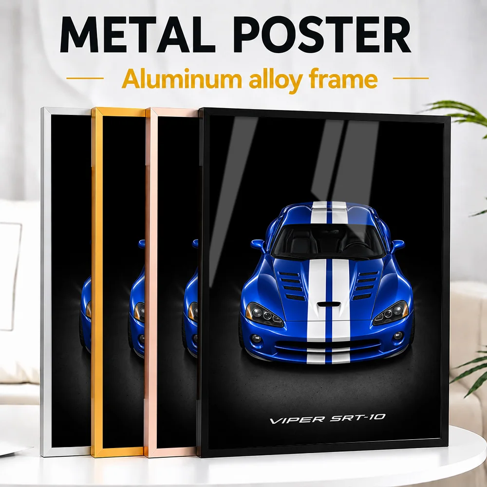 American Viper SRT-10 GTS Blue With White Stripes Sports Car Framed Metal Print Customized Machine Wall Art Enhances Home Office