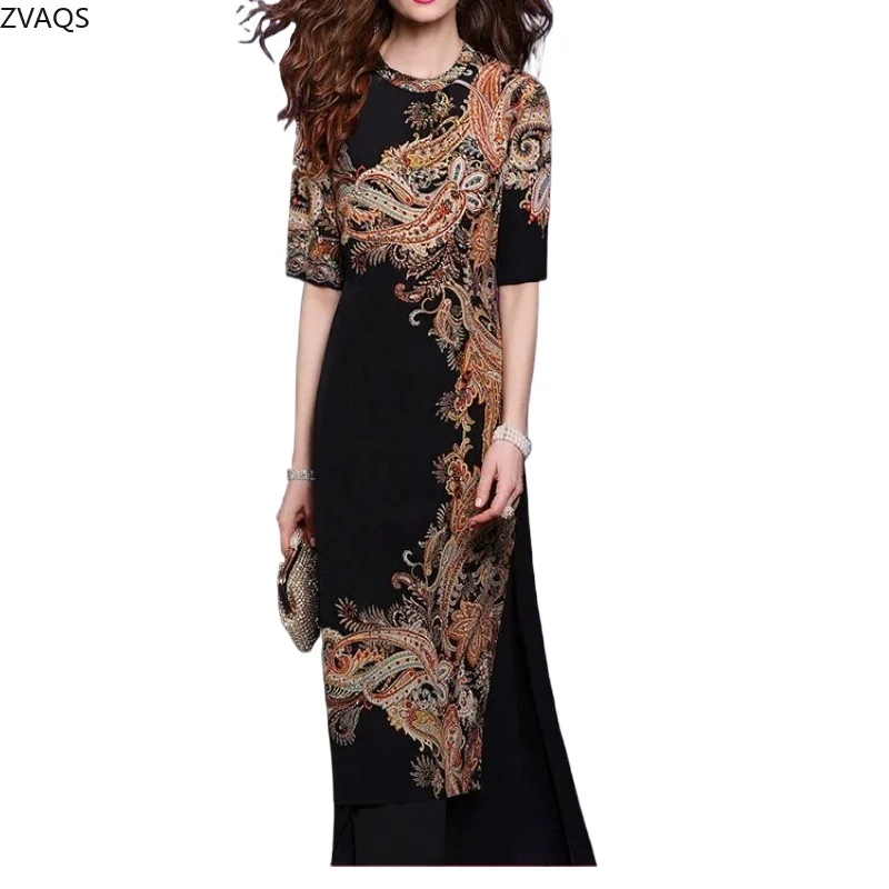 

ZVAQS 100% Mulberry Silk Summer Two Piece Set Women Retro Printed Mulberry Silk Blouse High Waist Slim Long Skirt Женская Одежда