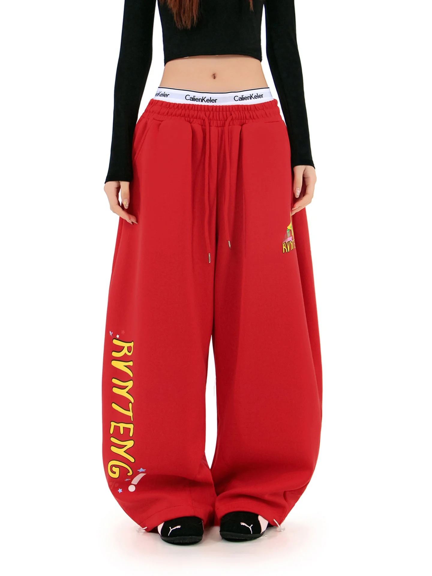 

American Retro Letter Print Dstring Sports Sweatpants Loose Wide Leg Floor-Length Pants Comfortable Elastic Waist